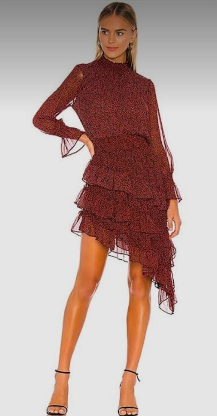 Misa x Revolve Savanna Dress in Mini Red Banana Leaf Smocked Neck Asymmetrical M